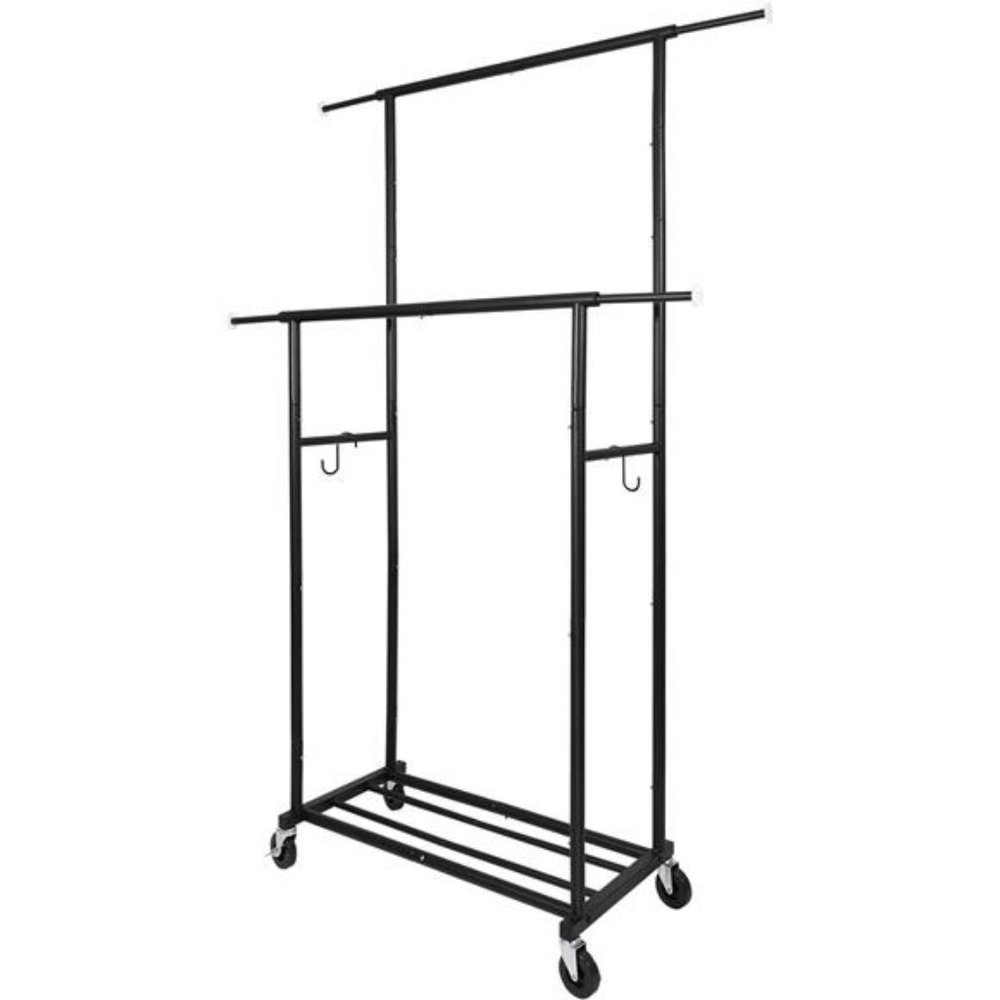Standard Freestanding Double Rod Clothing Metal Garment Rack w/ 2 Hooks (Black)